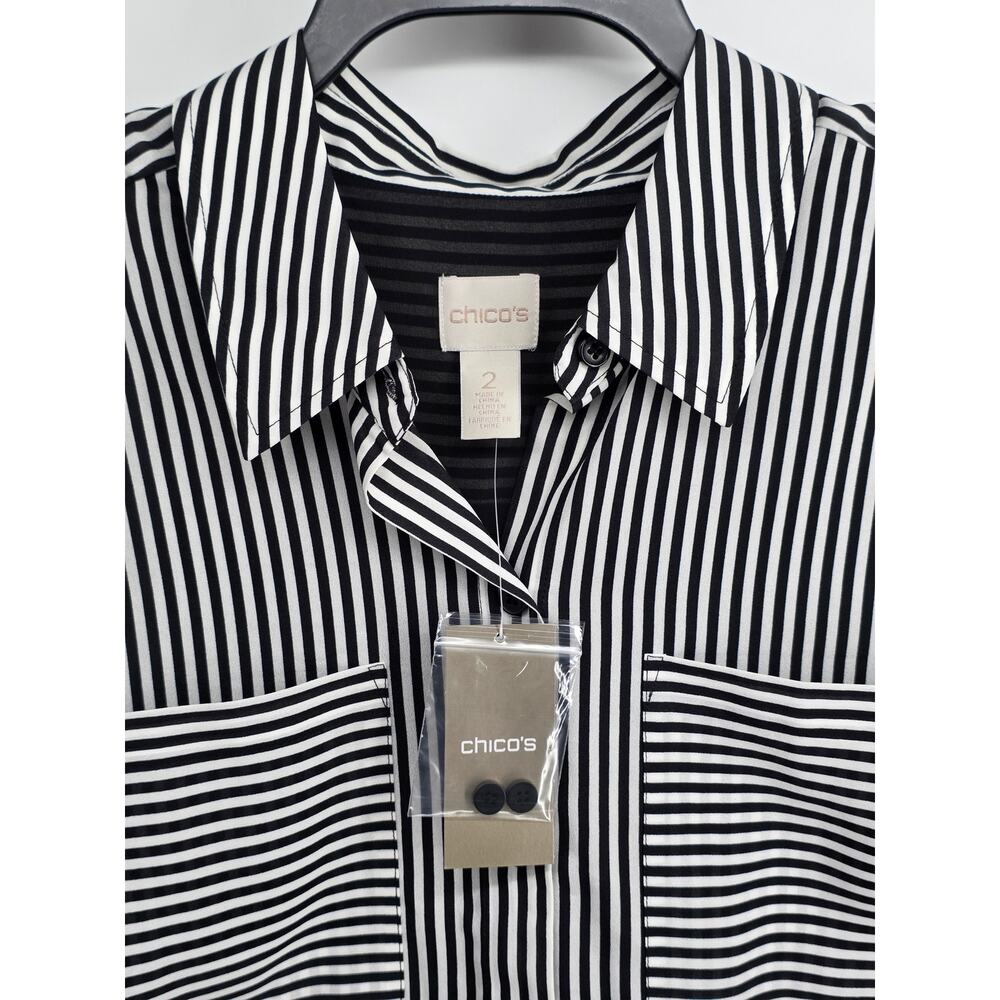Chico's NEW Ginette Stripe Ease Long Sleeve White Black Blouse Size 2 US 12 - Picture 2 of 5
